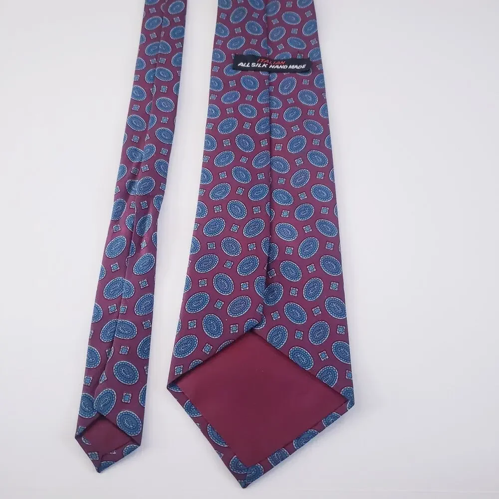 Italian Brand Silk Vintage Hand Made Burgundy with Blue Geometric design #9R